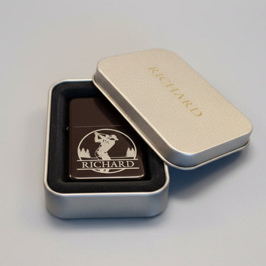 Golfer Personalised Matte Black Flip-Top Lighter with Gift Tin – Custom Engraved Name