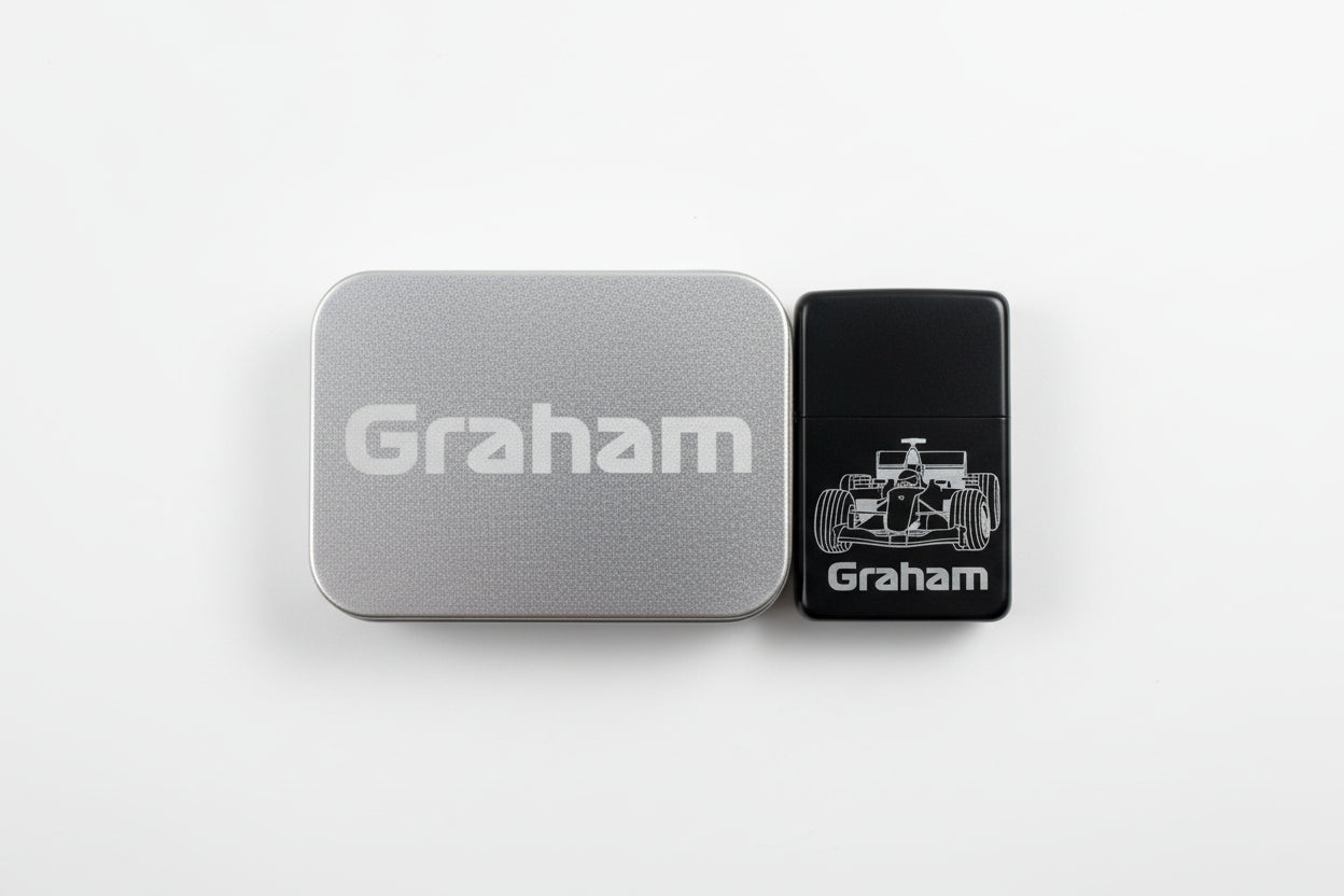F1 Personalised Matte Black Flip-Top Lighter with Gift Tin – Custom Engraved Name