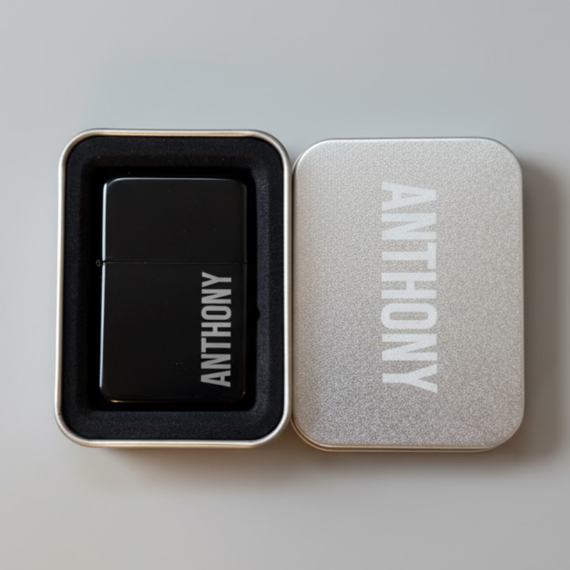 Personalised Matte Black Flip-Top Lighter with Gift Tin – Custom Engraved Name