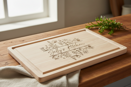 Wooden cutting board with 'Sally's Kitchen' engraving on a light surface