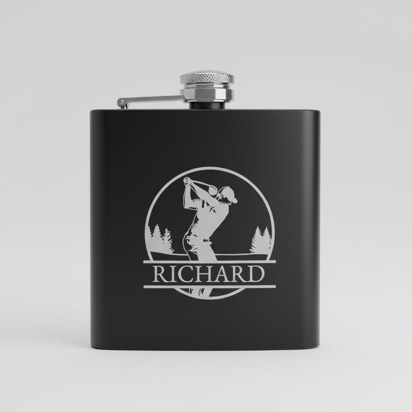 Personalised Engraved Golf Hip Flask 6oz with Luxurious Gift Box