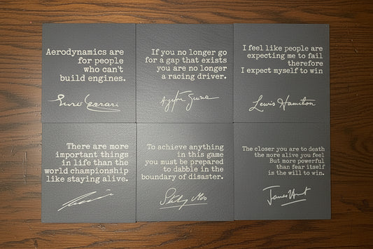 Set of 6 Famous F1 Quotes - Square Slate Coasters - Ayrton Senna, Lewis Hamilton etc