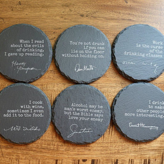 Set of 6 Witty Famous Drinking Quotes - Square Slate Coasters - Frank Sinatra, Oscar Wilde, Dean Martin etc