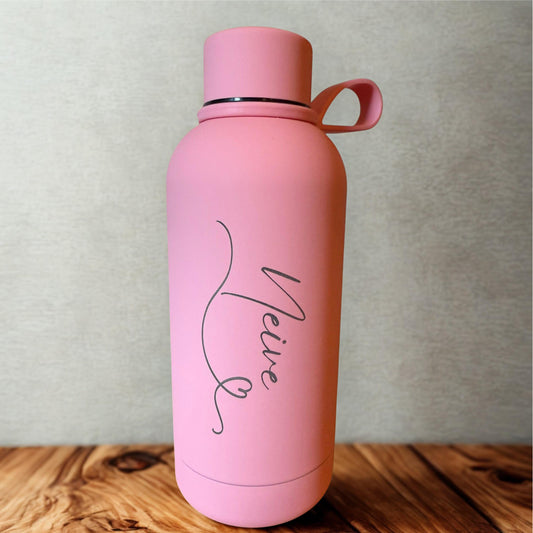 Personalised 350ml Soft Touch Stainless Steel Water Bottle – Light Pink with Name for Teacher, Birthday, Hen Do