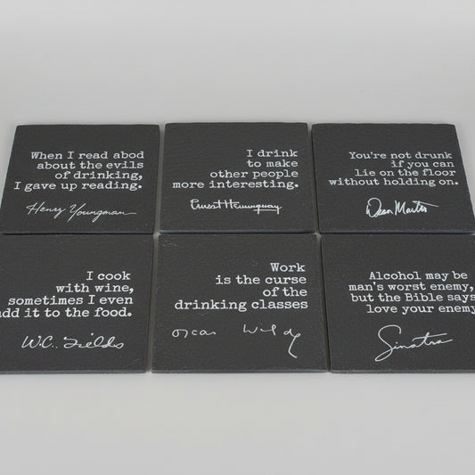 Set of 6 Witty Famous Drinking Quotes - Round Slate Coasters - Frank Sinatra, Oscar Wilde, Dean Martin