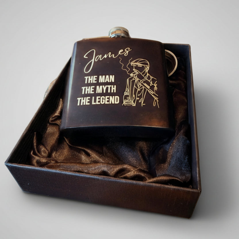 Personalised Engraved Hip Flask 6oz with luxurious gift box - The Man, The Myth, The Legend - Best man, birthday, wedding gift