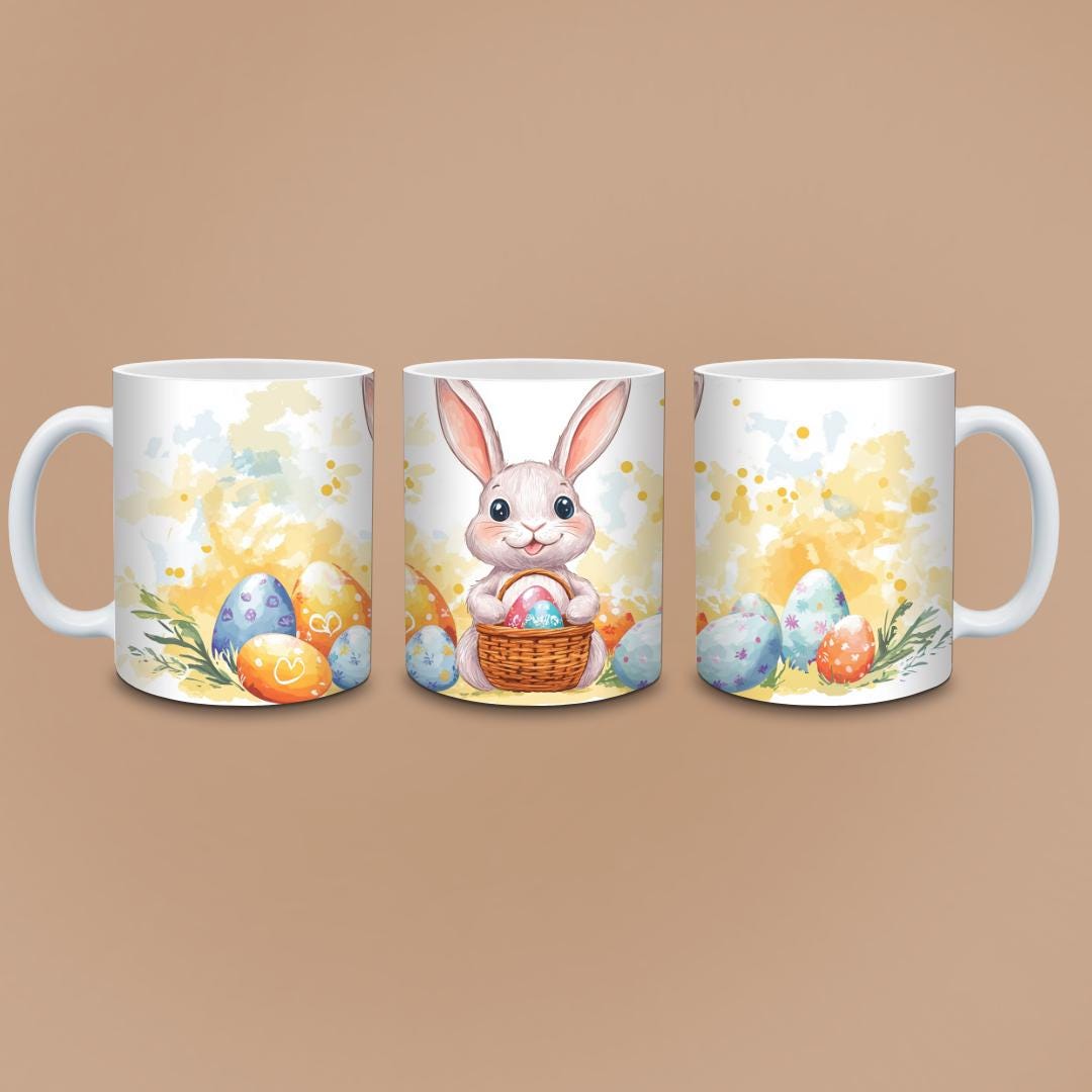 Pastel Easter Mug - Cute Fluffy Bunny with Colorful Eggs Basket