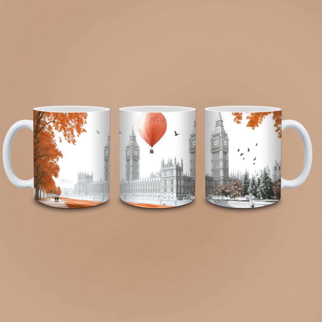 Dreamy London Skyline Mug - Big Ben & Hot Air Balloon in Autumn, Romantic Fall Gift