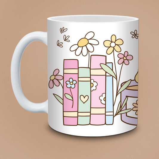 Personalised Pastel Books & Candle Mug - Cute Boho Bookshelf with Flowers