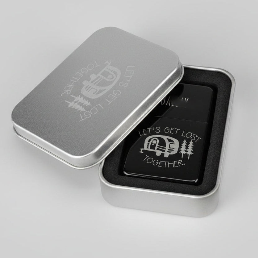 Personalised Camping / Van Life Matte Black Flip-Top Lighter with Gift Tin – Custom Engraved Name