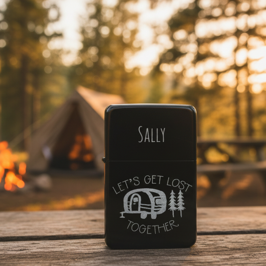 Personalised Camping / Van Life Matte Black Flip-Top Lighter with Gift Tin – Custom Engraved Name