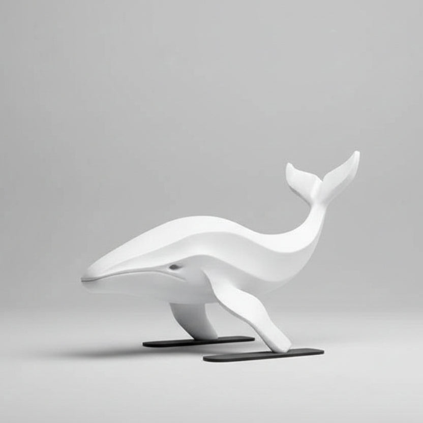 White whale sculpture on a dark surface with decorative elements
