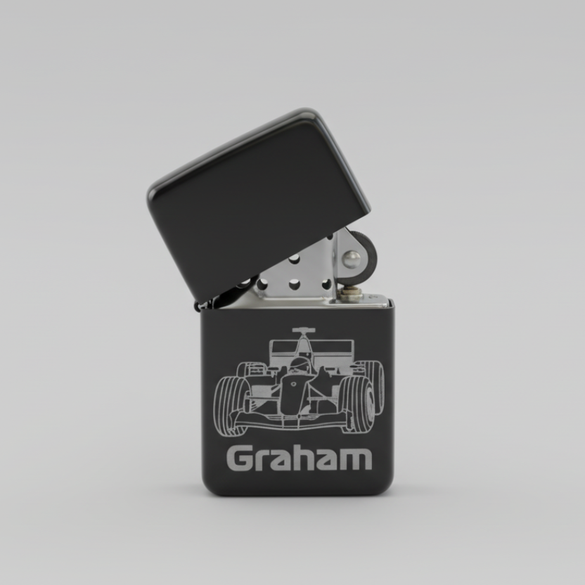 F1 Personalised Matte Black Flip-Top Lighter with Gift Tin – Custom Engraved Name