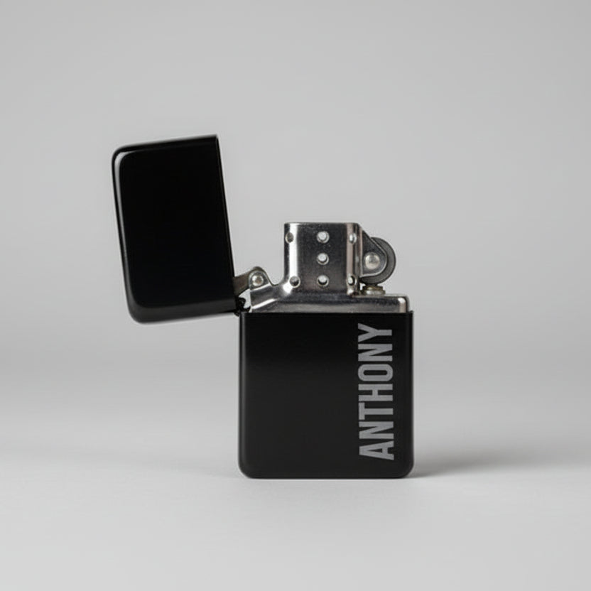 Personalised Matte Black Flip-Top Lighter with Gift Tin – Custom Engraved Name