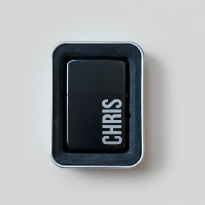 Personalised Matte Black Flip-Top Lighter with Gift Tin – Custom Engraved Name