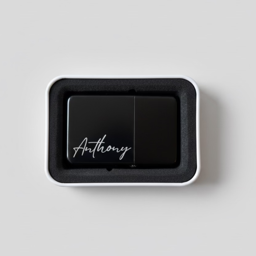 Personalised Matte Black Flip-Top Lighter with Gift Tin – Custom Engraved Name