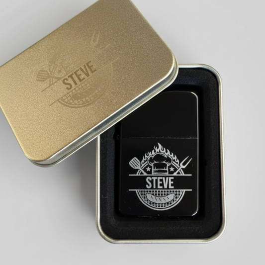 Personalised BBQ / Grill Master Matte Black Flip-Top Lighter with Gift Tin – Custom Engraved Name