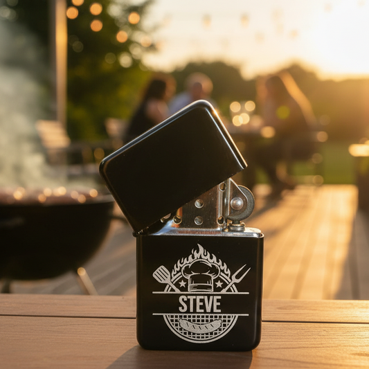 Personalised BBQ / Grill Master Matte Black Flip-Top Lighter with Gift Tin – Custom Engraved Name
