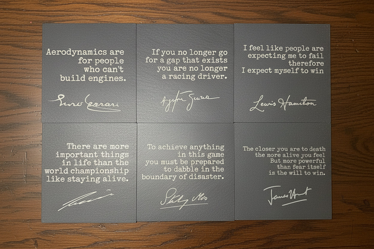 Set of 6 Famous F1 Quotes - Square Slate Coasters - Ayrton Senna, Lewis Hamilton etc
