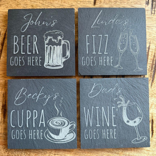 Personalised Slate Coasters - Beer, Wine, Fizz, Cuppa