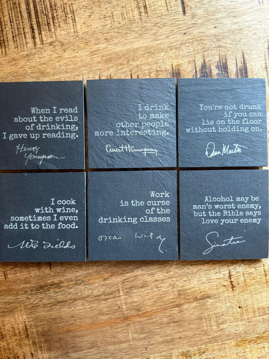 Set of 6 Witty Famous Drinking Quotes - Square Slate Coasters - Frank Sinatra, Oscar Wilde, Dean Martin etc