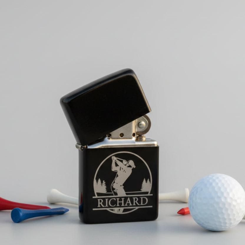 Golfer Personalised Matte Black Flip-Top Lighter with Gift Tin – Custom Engraved Name