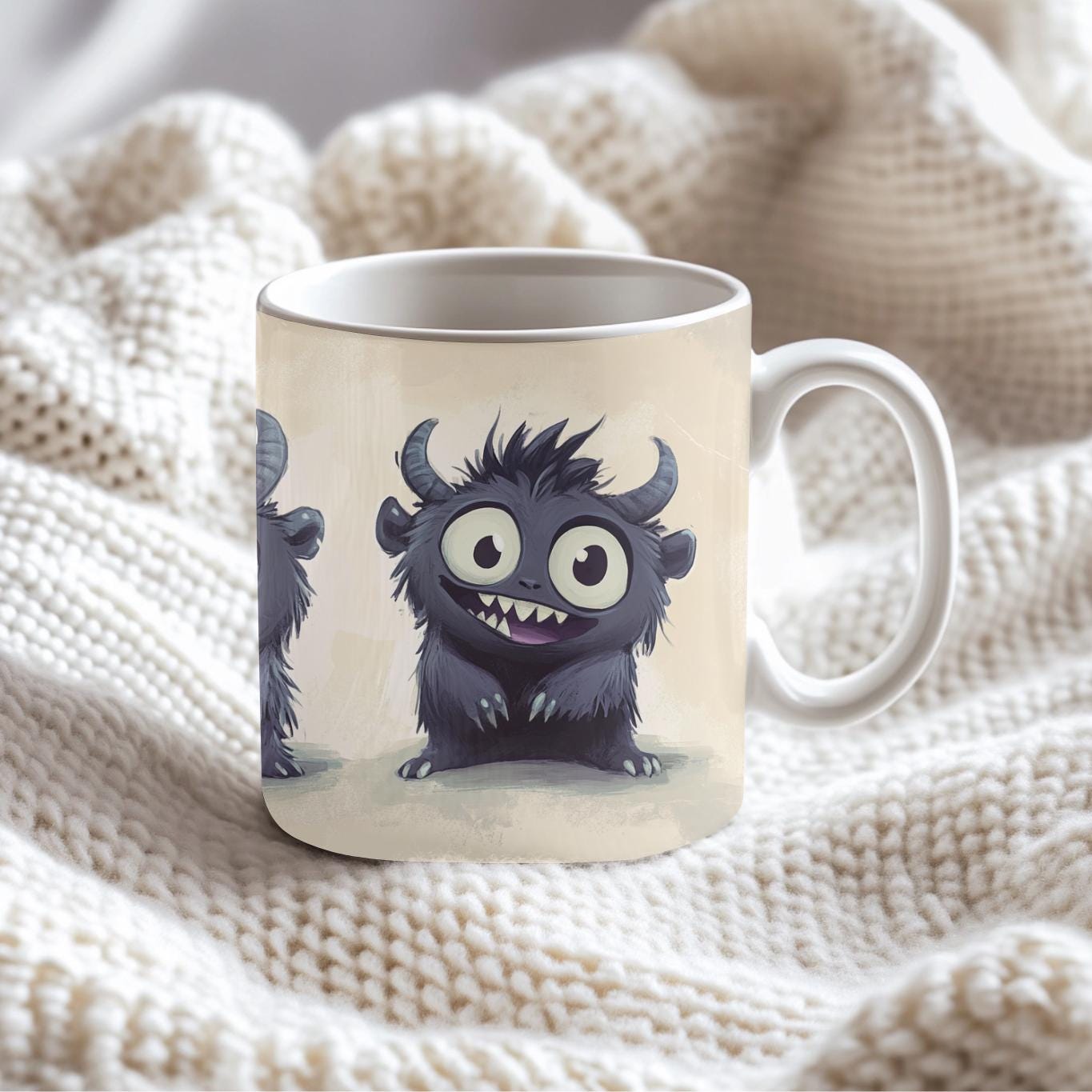 Kawaii Monster Coffee Mug – Fluffy Horned Ceramic Cup