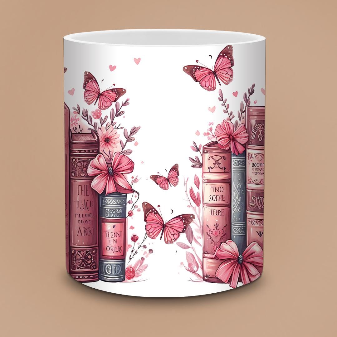 Cute Pink Bookshelf Mug - Butterflies & Bows Stacked Books