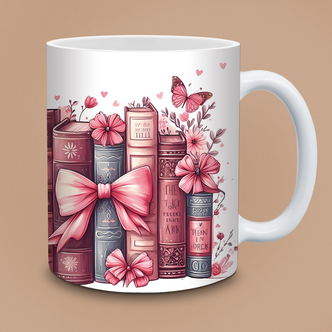 Cute Pink Bookshelf Mug - Butterflies & Bows Stacked Books