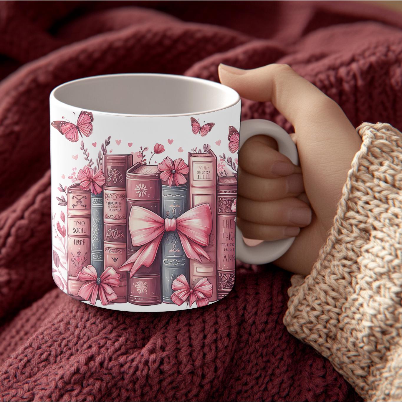 Cute Pink Bookshelf Mug - Butterflies & Bows Stacked Books