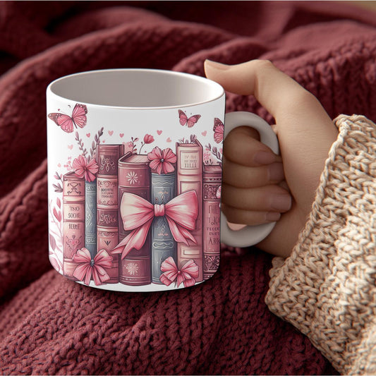Cute Pink Bookshelf Mug - Butterflies & Bows Stacked Books
