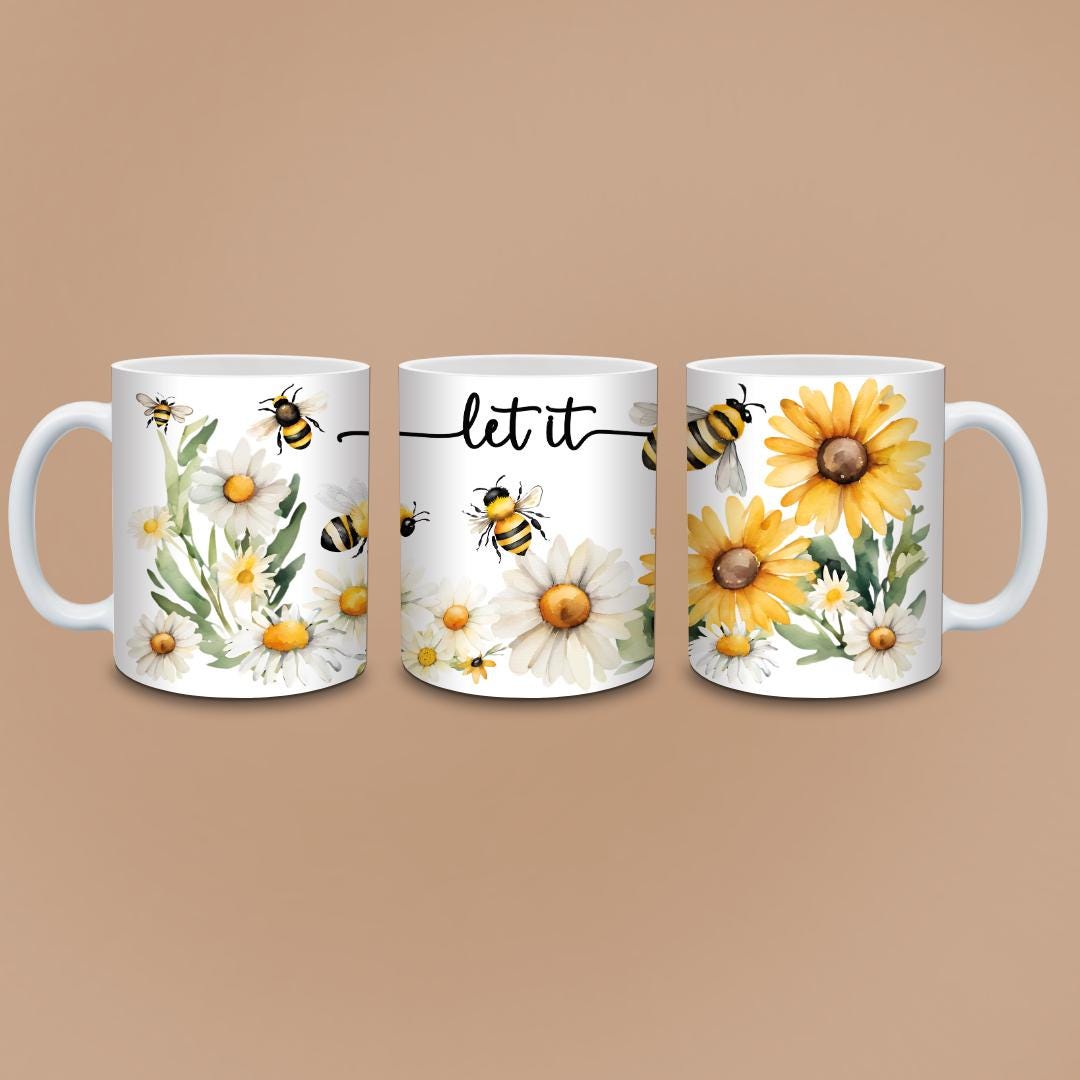 Let It Bee Mug - Bumblebees & Daisies Watercolor, Positive Bee Kind Coffee Cup