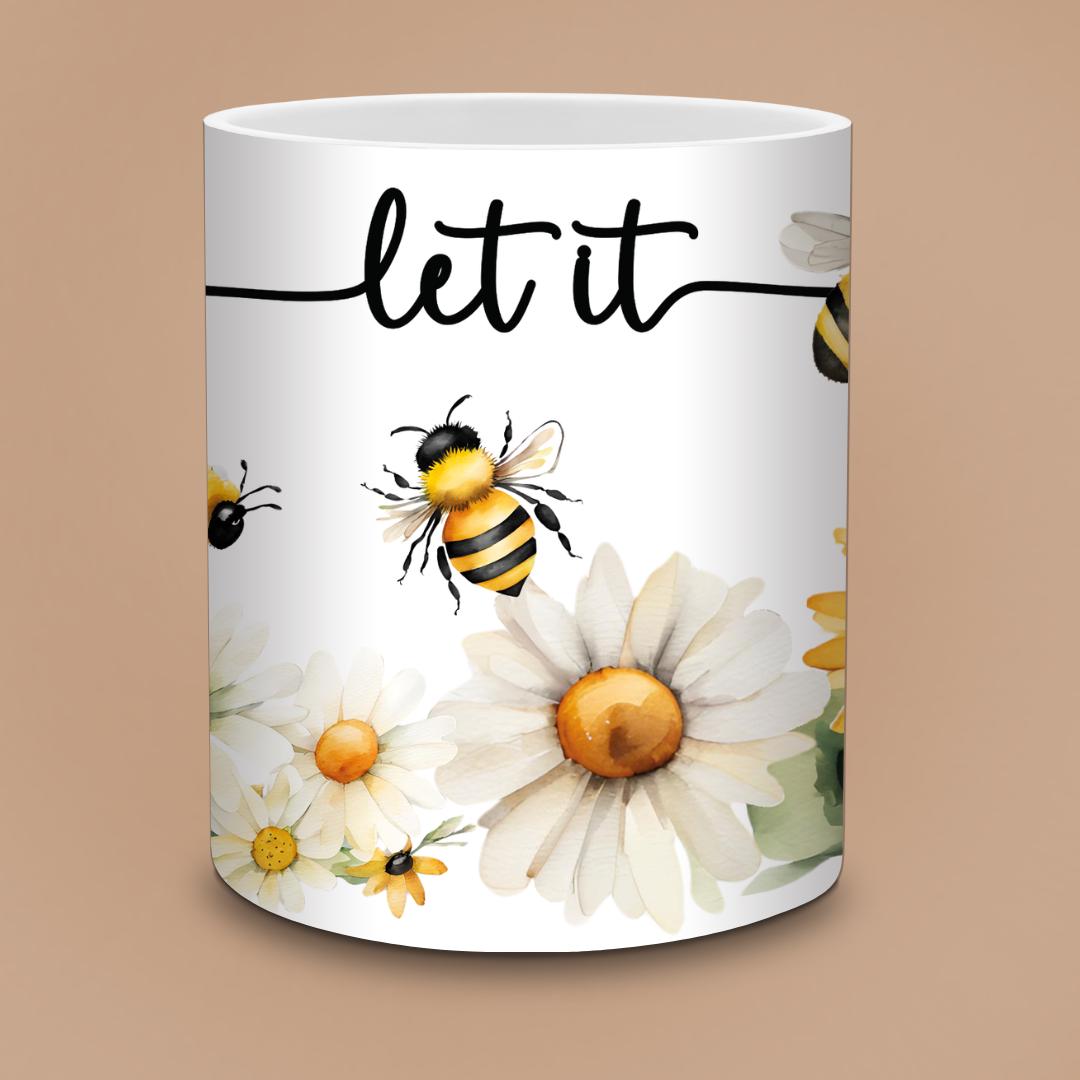 Let It Bee Mug - Bumblebees & Daisies Watercolor, Positive Bee Kind Coffee Cup