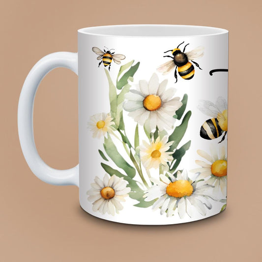 Let It Bee Mug - Bumblebees & Daisies Watercolor, Positive Bee Kind Coffee Cup