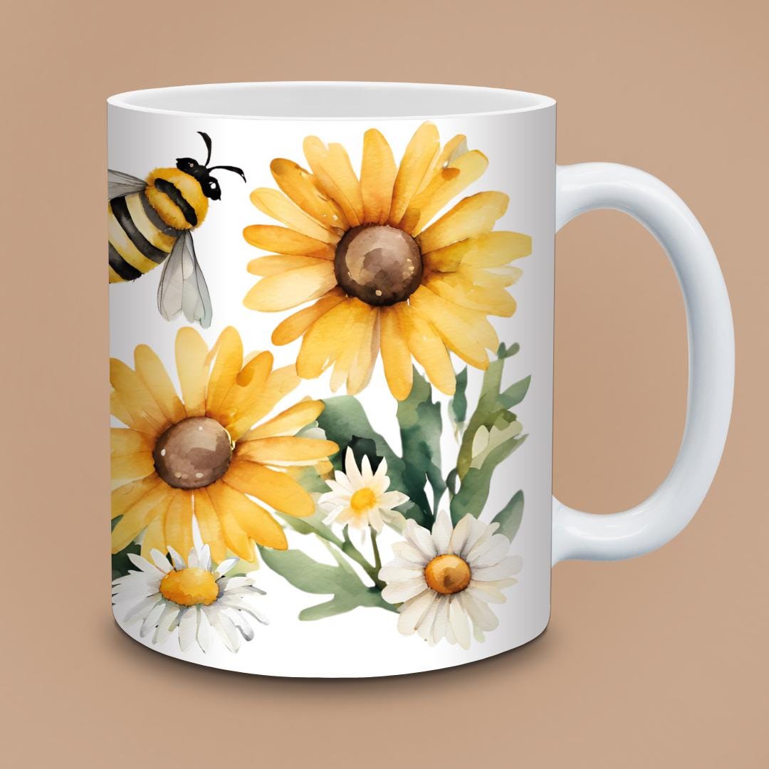Let It Bee Mug - Bumblebees & Daisies Watercolor, Positive Bee Kind Coffee Cup