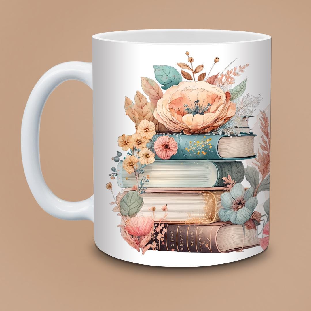 Personalised Floral Bookshelf Mug - Vintage Stacked Books with Peonies