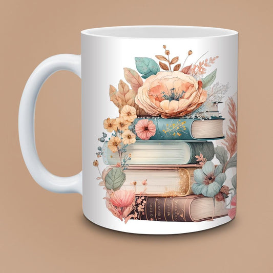 Personalised Floral Bookshelf Mug - Vintage Stacked Books with Peonies