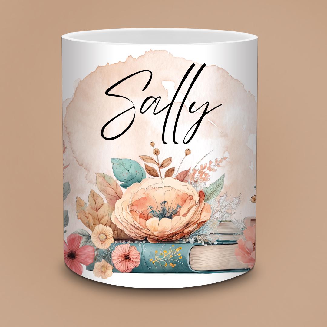Personalised Floral Bookshelf Mug - Vintage Stacked Books with Peonies