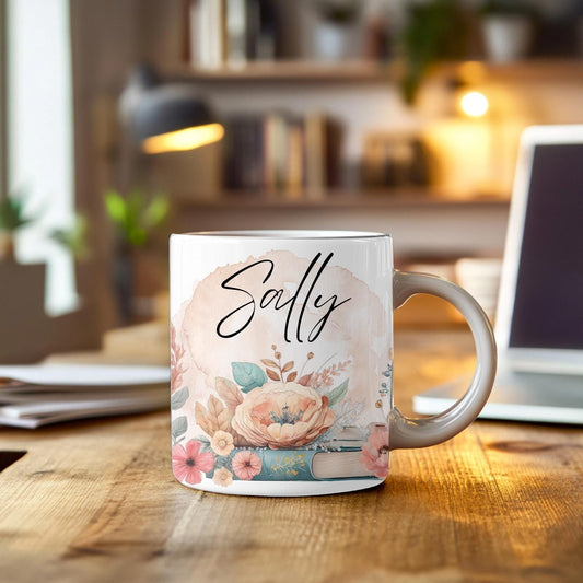 Personalised Floral Bookshelf Mug - Vintage Stacked Books with Peonies