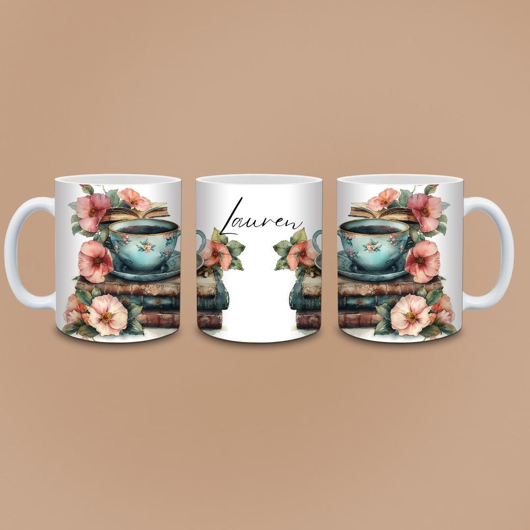 Personalised Book Lover Mug - Custom Vintage Floral Coffee Cup