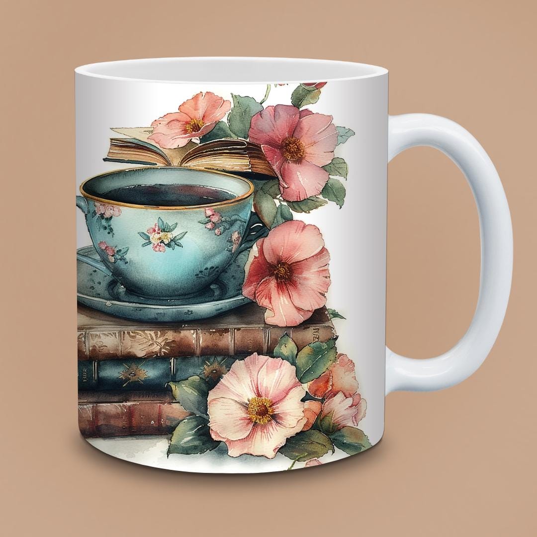 Personalised Book Lover Mug - Custom Vintage Floral Coffee Cup