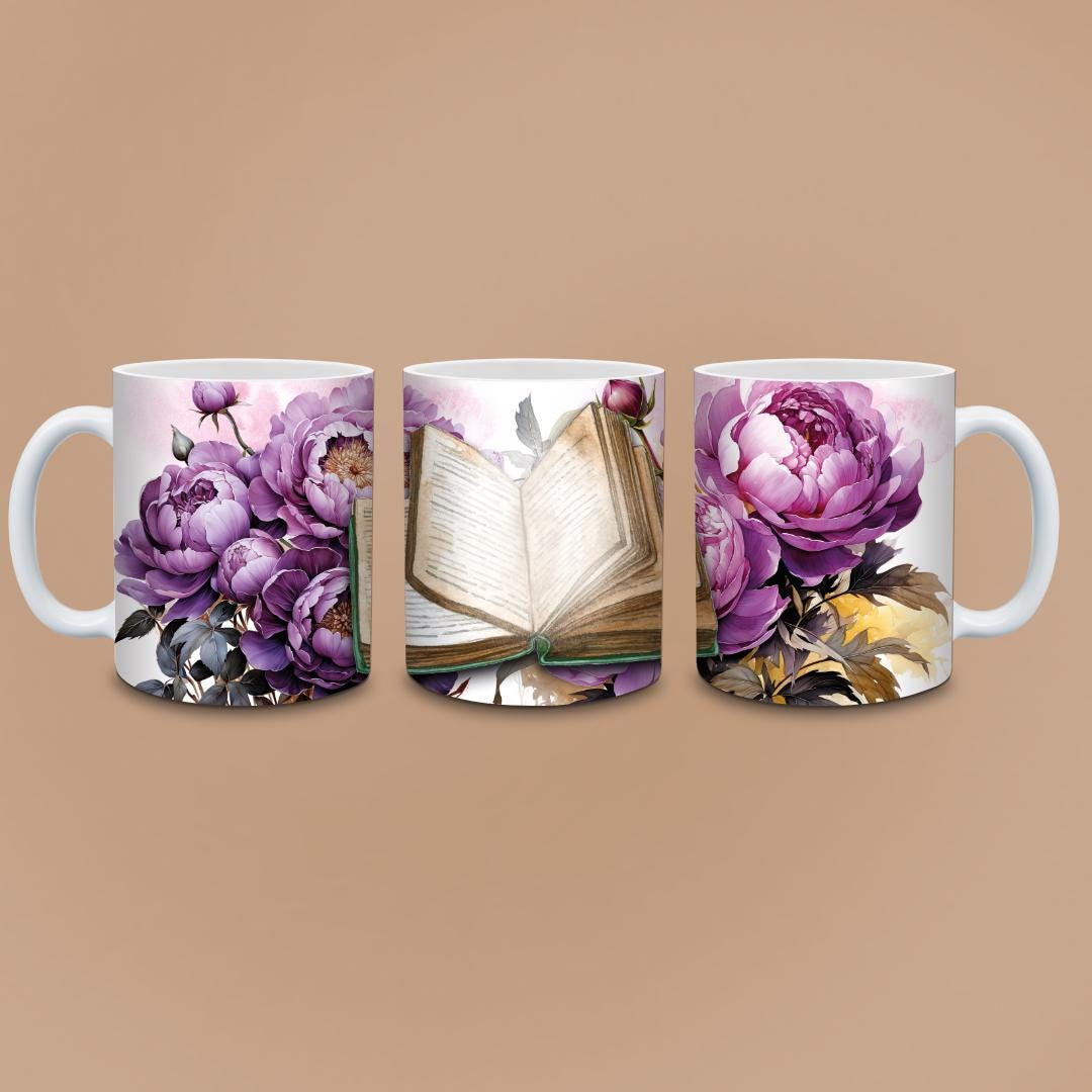 Peony Open Book Mug - Watercolor Purple Flowers & Antique Pages