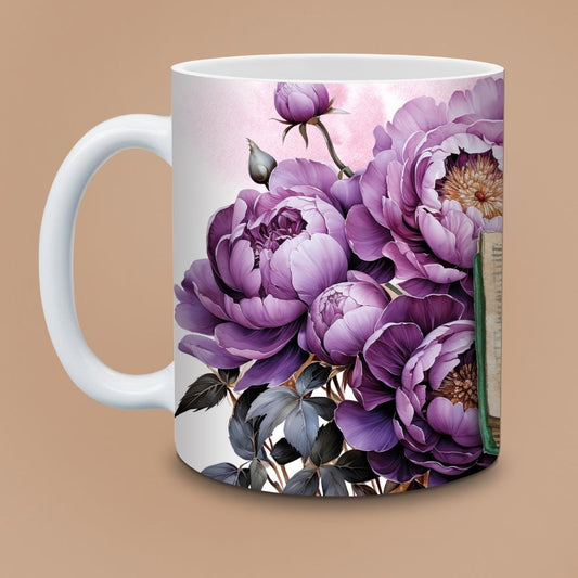 Peony Open Book Mug - Watercolor Purple Flowers & Antique Pages