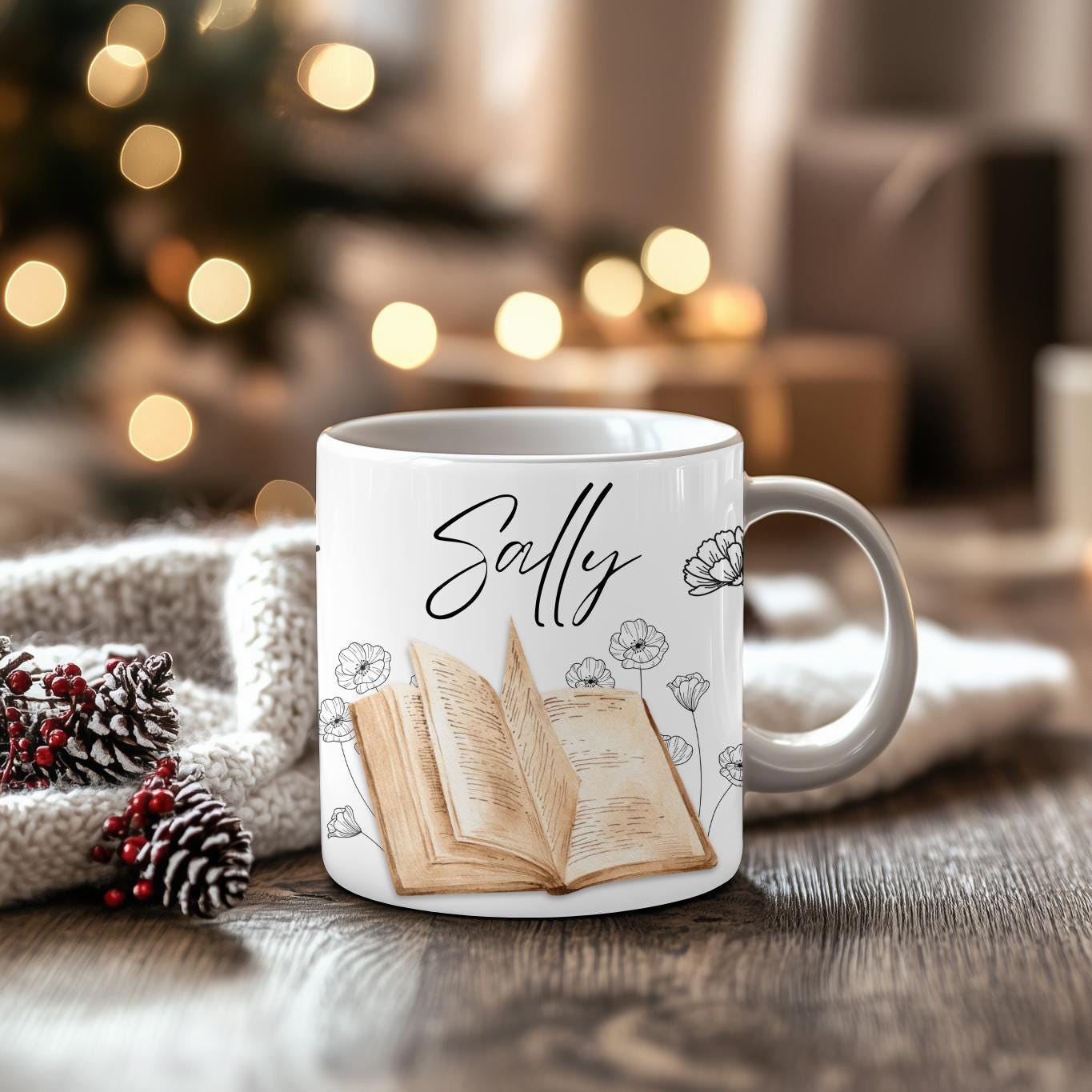Personalised Book Lover Mug - Custom Name Floral Book Stack