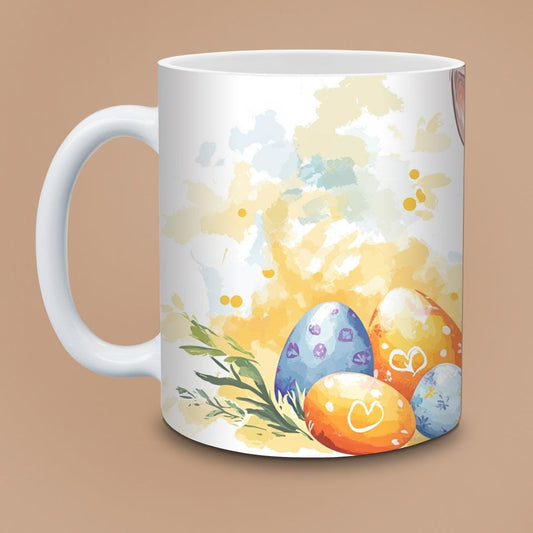 Pastel Easter Mug - Cute Fluffy Bunny with Colorful Eggs Basket