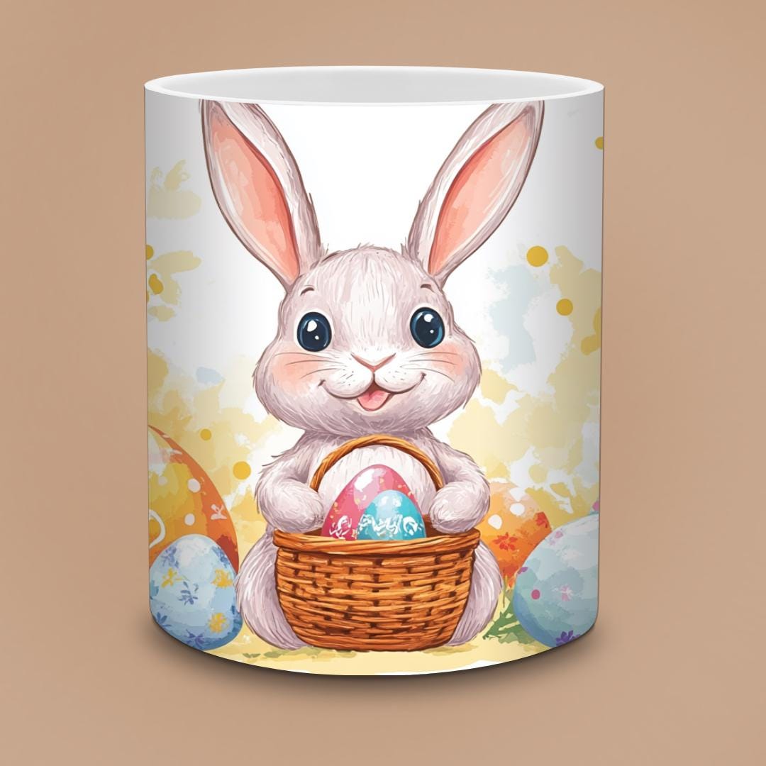 Pastel Easter Mug - Cute Fluffy Bunny with Colorful Eggs Basket