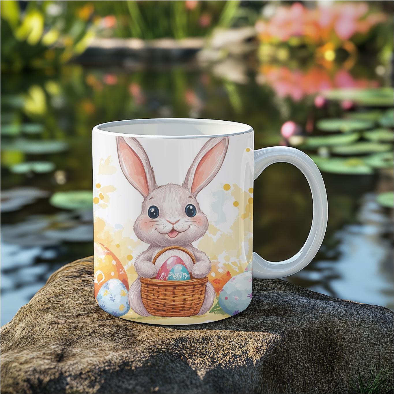 Pastel Easter Mug - Cute Fluffy Bunny with Colorful Eggs Basket
