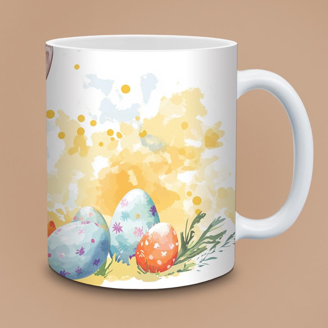 Pastel Easter Mug - Cute Fluffy Bunny with Colorful Eggs Basket