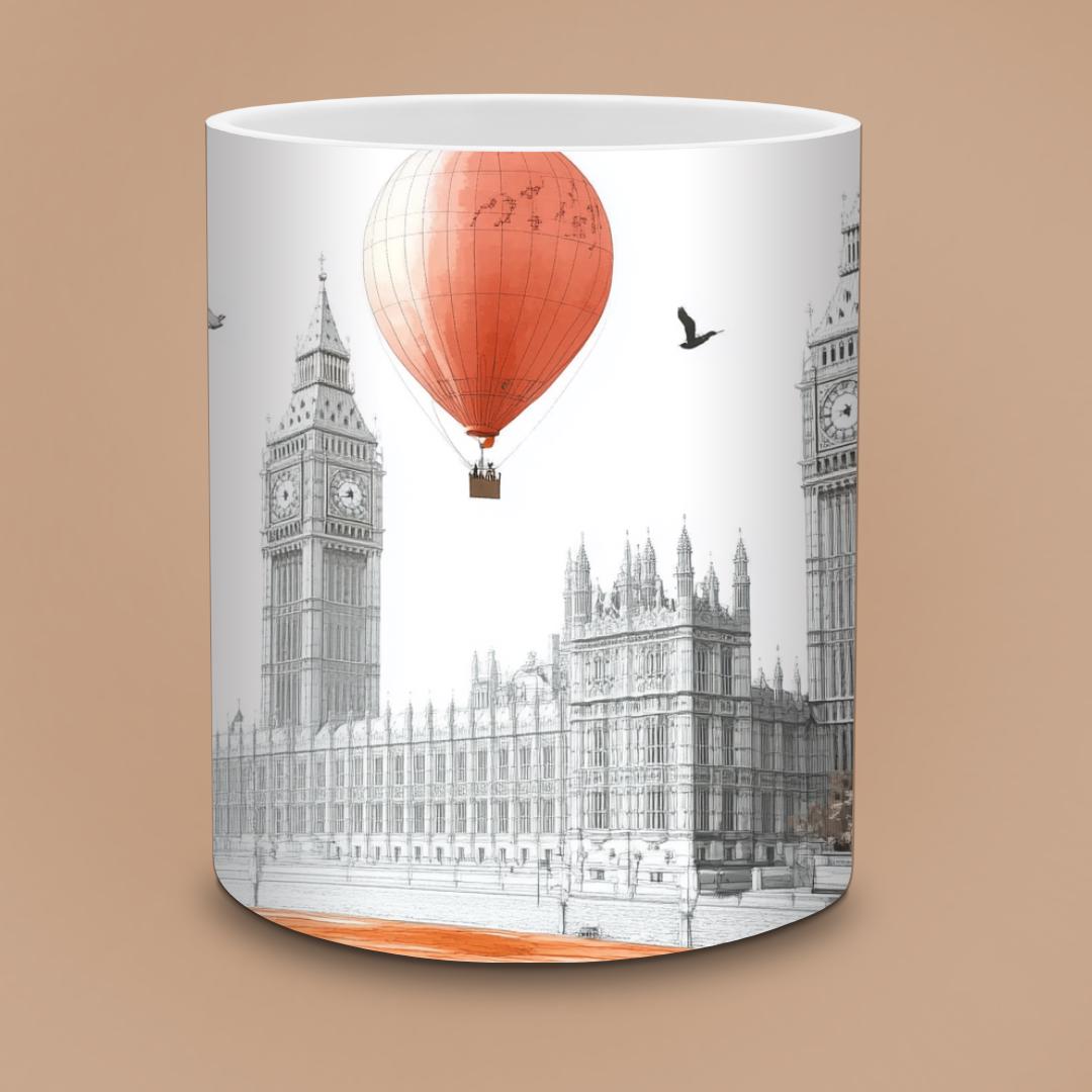 Dreamy London Skyline Mug - Big Ben & Hot Air Balloon in Autumn, Romantic Fall Gift