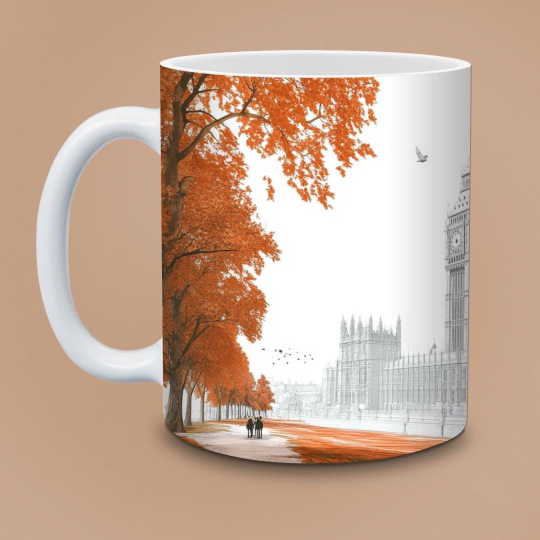 Dreamy London Skyline Mug - Big Ben & Hot Air Balloon in Autumn, Romantic Fall Gift